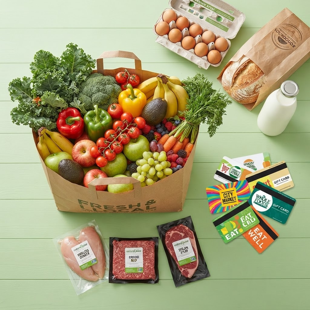 Grocery bag full of fresh produce next to gift cards
